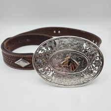 Men's Western Brown Studded Belt With Large Silver Buckle Horse Cowboy 36" - 40"