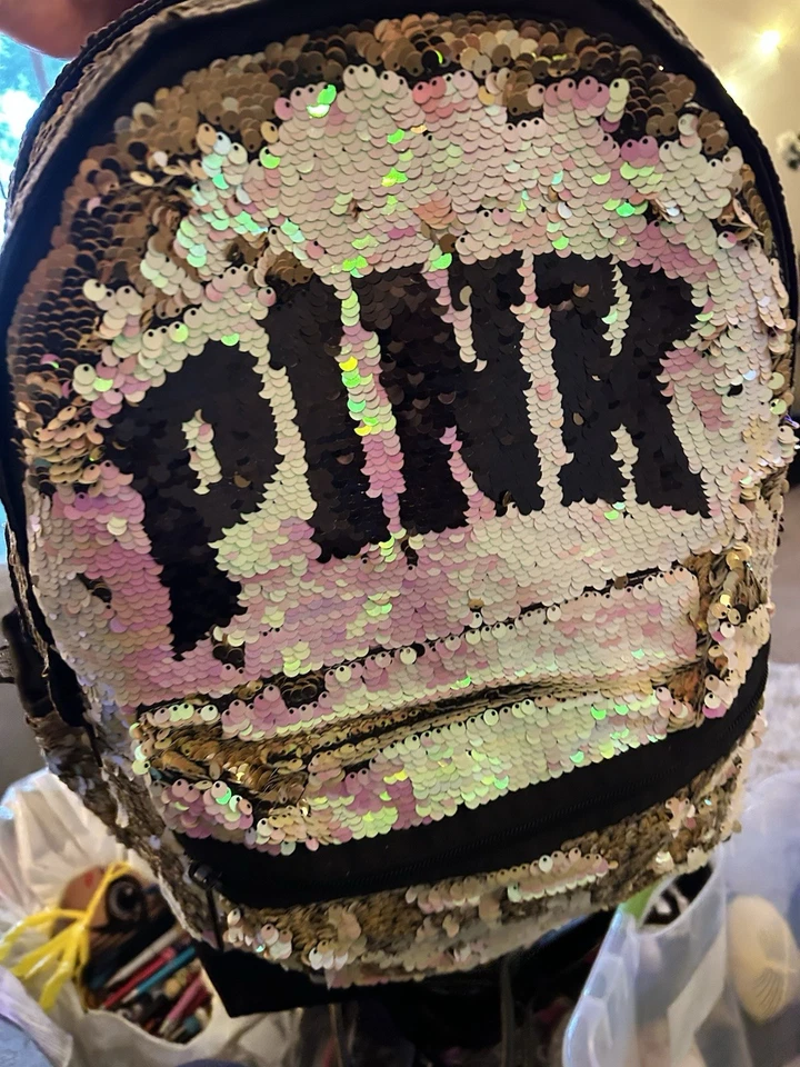 Mochila campus Victoria's Secret ouro rosa preta iridescente flip lantejoulas Bling - Imagem 3 de 4