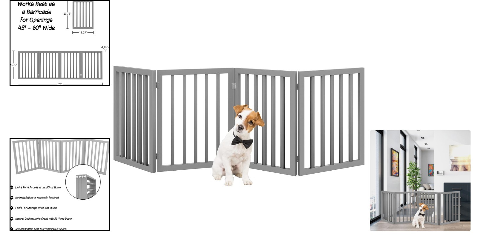 как выглядит Elegant Freestanding Pet Gate  Stylish Accordion Design in Gray MDF, 73 Wide фото