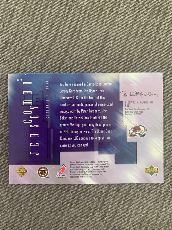 2001 Upper Deck Combo Jersey Patrick Roy Peter Forsberg Joe Sakic Game Used - Image 2 of 3