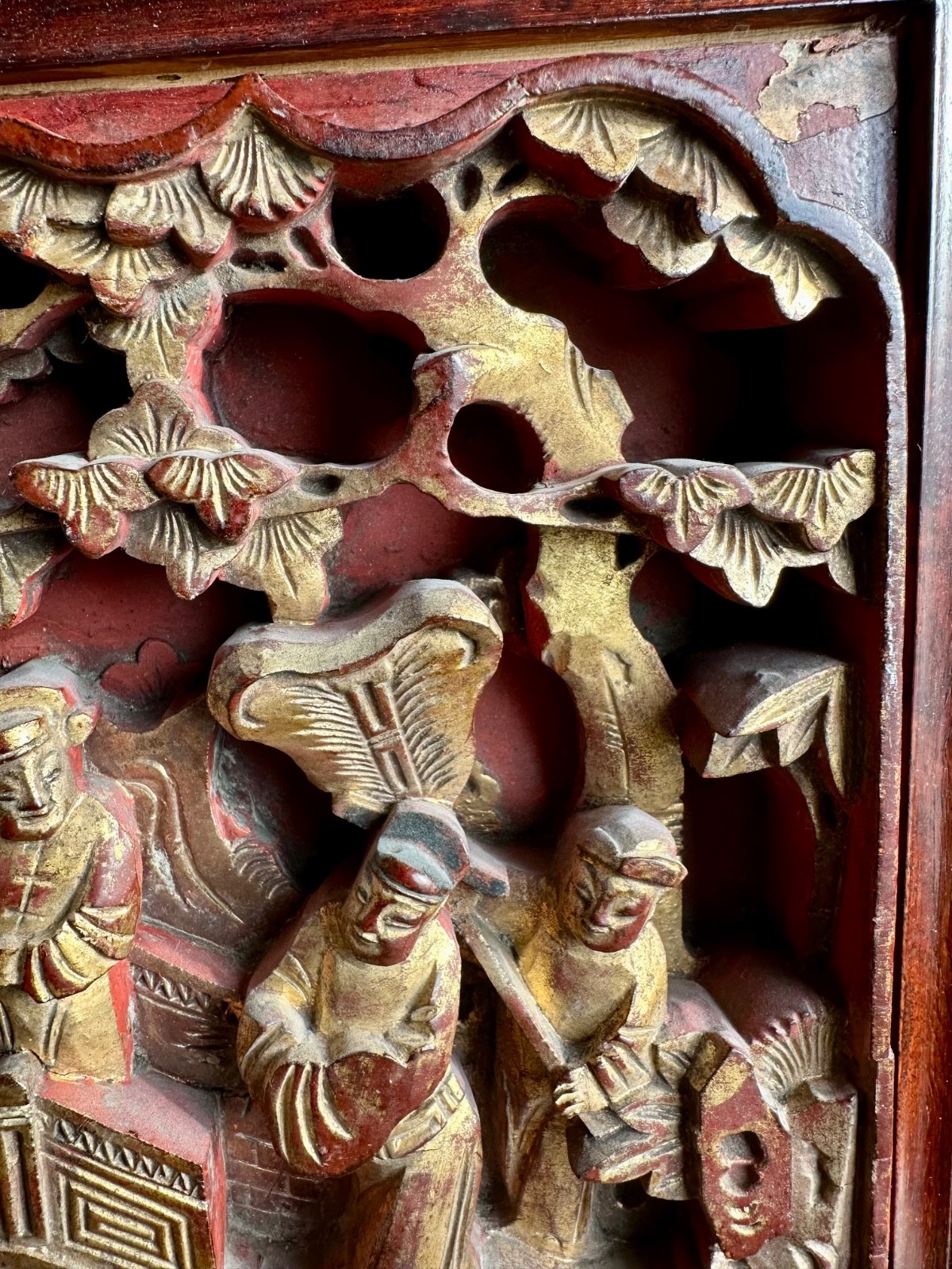 2 Antique Chinese Red & Gilt Wooden Deep Carved Panel Wood 19th Century