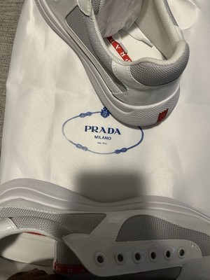 PRADA Men s Low Top Lace-Up Athletic Sneakers White Gray Red