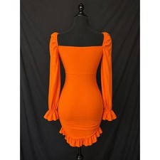 PrettyLittleThing Orange Ruffle Hem Long Sleeve Bodycon Mini Dress Size 2