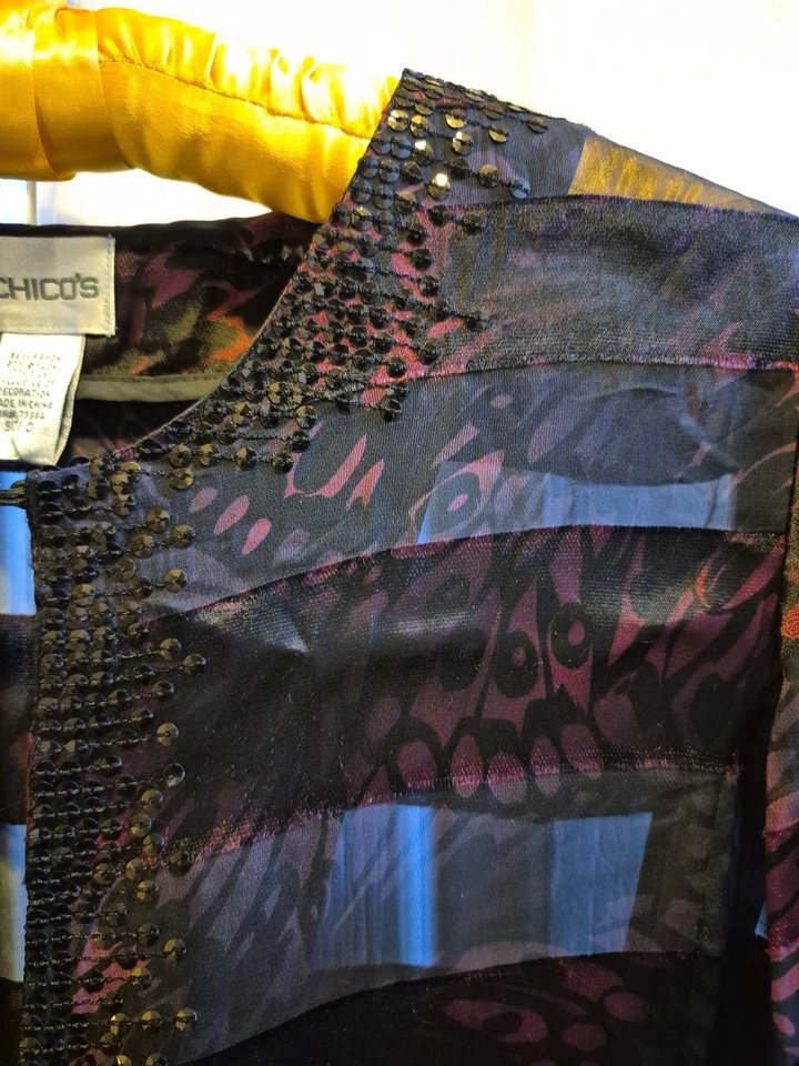 CHICOS Sheer Black Maroon Sequin Sheer Long Jacket Size 0 (4-6) - Image 4 of 4