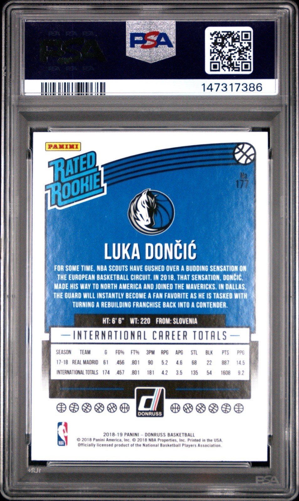 2018 Panini Donruss #177 Rated Rookie Luka Doncic PSA 9 Rookie Card view 2