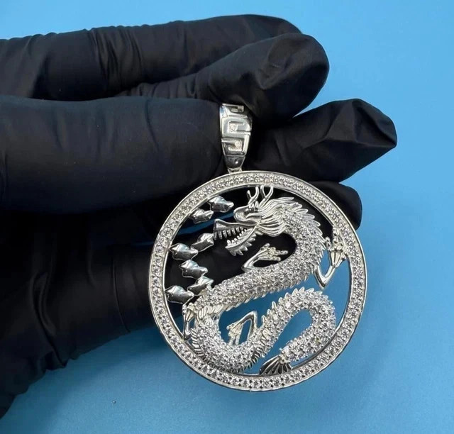 14K White Gold Plated 2Ct Round Cut Real Moissanite Dragon Medallion Pendant