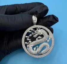 14K White Gold Plated 2Ct Round Cut Real Moissanite Dragon Medallion Pendant