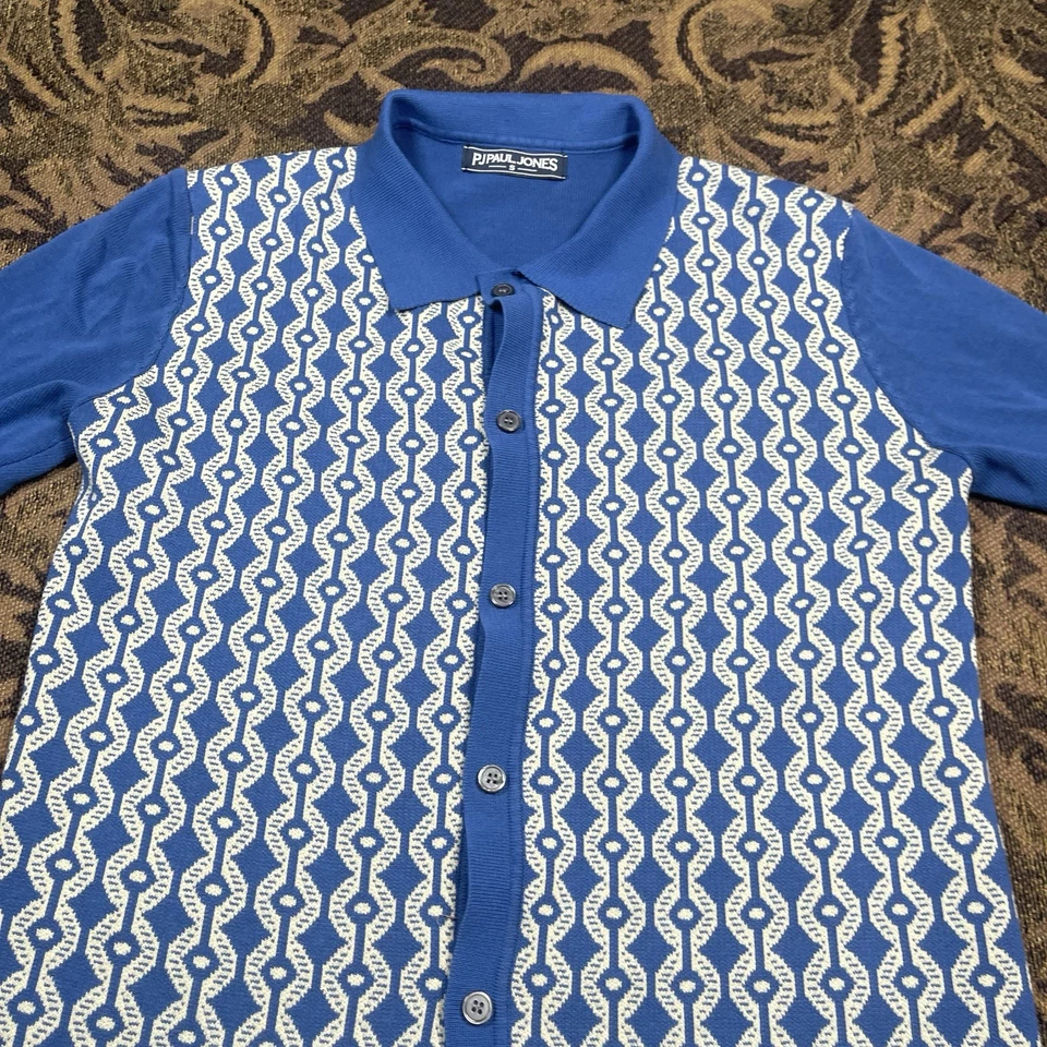 PJ Paul Jones Mens Knit Polo Shirt Size Small Button Up Retro Style Blue Cream - Image 2 of 4