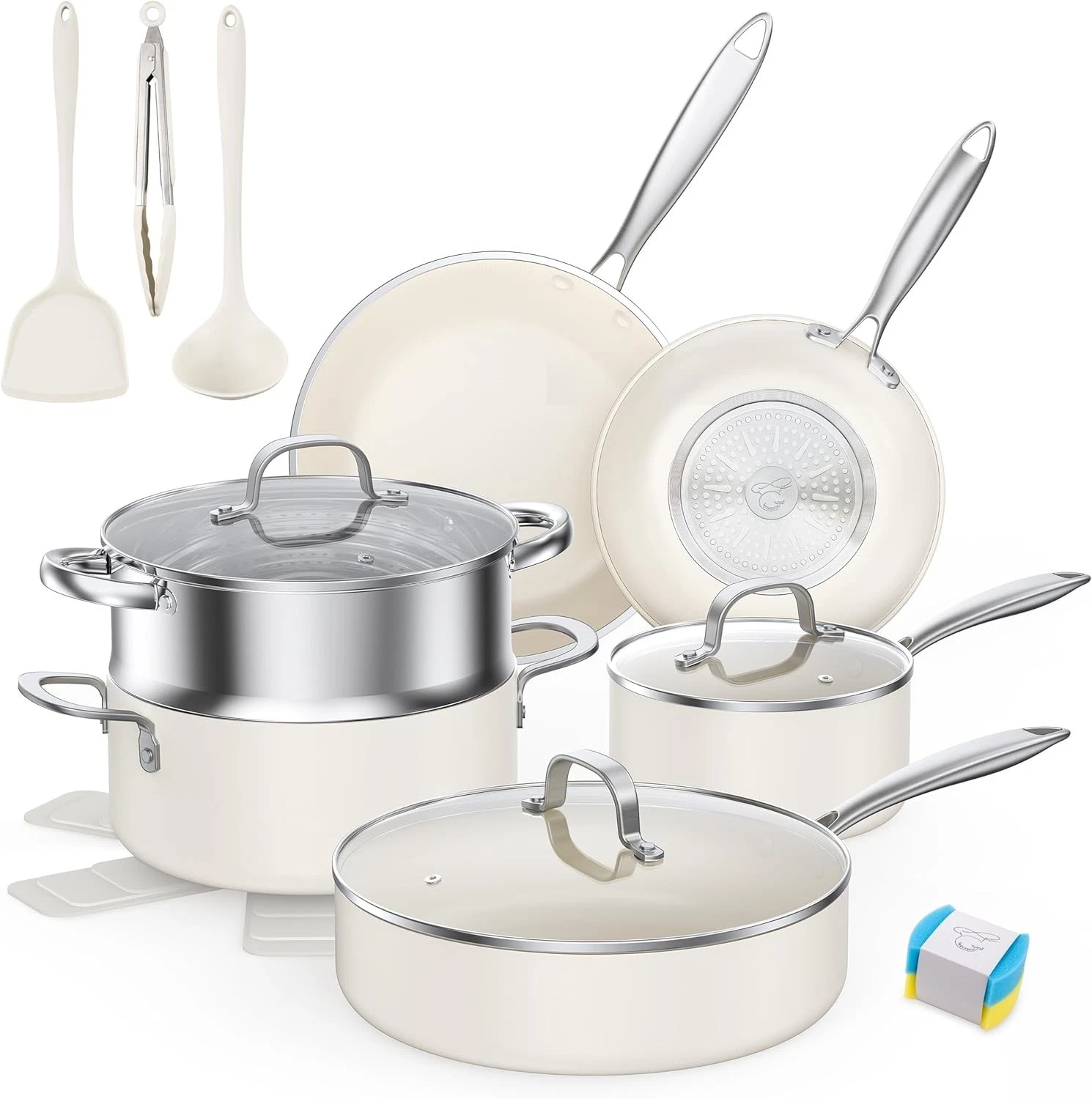 Juego de Ollas y Sartenes de Ceramica Cocina Antiadherente Utensilios 16 Piezas