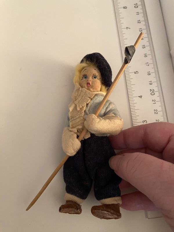 Italian Lenci/style felt small Doll with ski and wonderful scarf and outfit