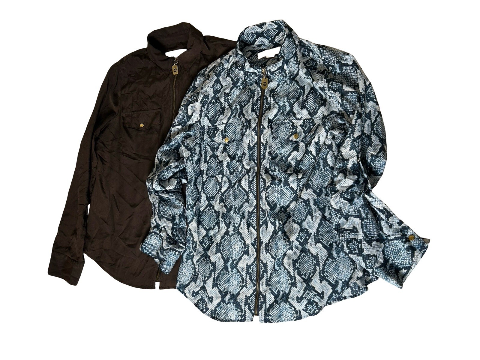 Lot Of 2 Michael Kors Black Roll-Tab Sleeve Zip Front Shirt Sz Medium Blue Brown