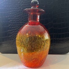 Vintage MCM Amberina Crackle Art Glass Decanter Ball Stopper Red Amber 8&rdquo;