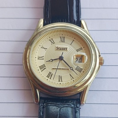 Stauer Quartz Gold Dress Watch Black Leather Roman Numerals Date Water Resistant