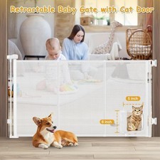 Reinforced 60 Wide Retractable Pet Gate with Cat Door Mesh Baby Gate for Stairs