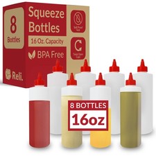Reli. Plastic Squeeze Bottles, 16 oz. 8 Pack 16 oz 8 Pack, Clear