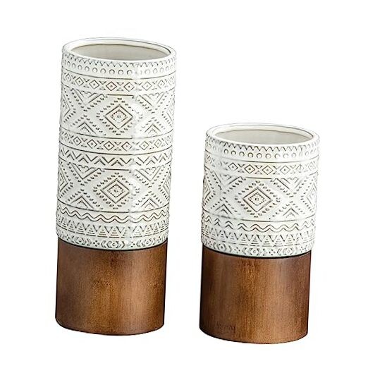 Boho Ceramic Vase Set of 2 with Wooden Bracket for Home Decor