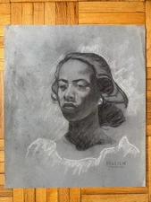 Vintage 1940's Young Black Woman Portrait Charcoal Drawing George Malick OOAK