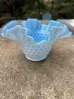 Fenton Hobnail Milk Glass Bowl Ruffled Blue Opalescent Trim