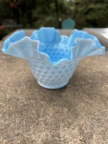 Fenton Hobnail Milk Glass Bowl Ruffled Blue Opalescent Trim