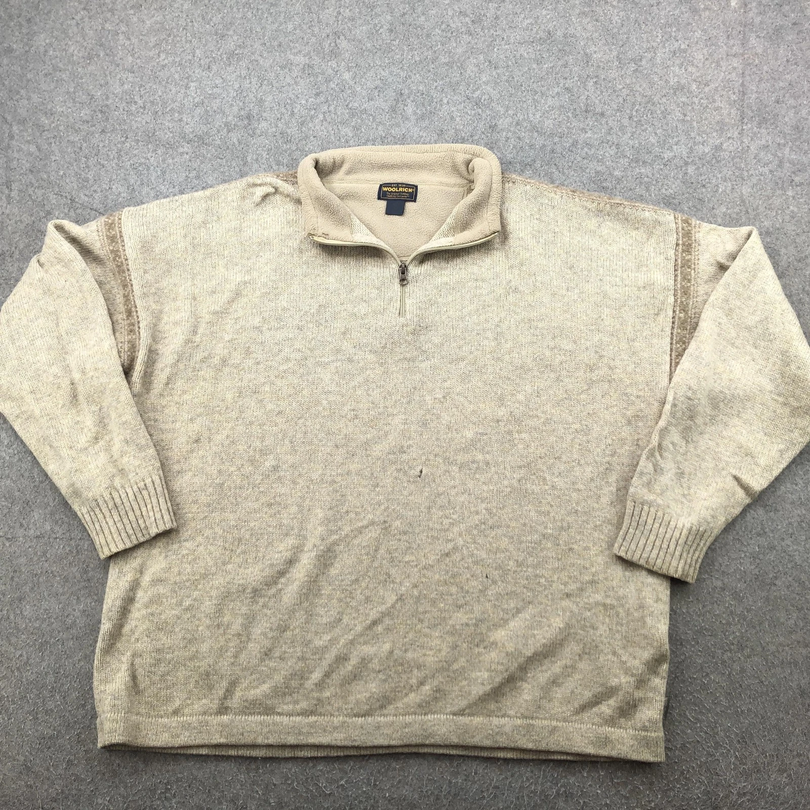 Vintage Woolrich Sweater Mens XL Beige Quarter Zip Mock Neck Knit Pullover