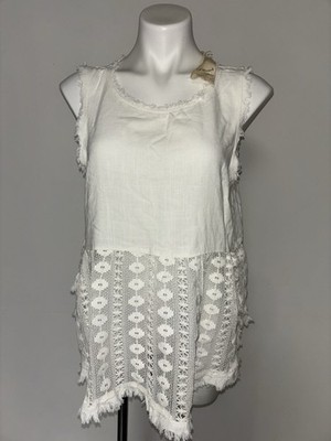 Hem & Thread tank top Linen Blend lace hem and frayed detailing Sz L New With Ta
