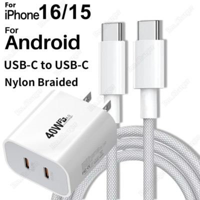 Dual USB-C 40W Fast Charger PD Adapter Type-C Cable For iPhone 16 15 Pro Samsung