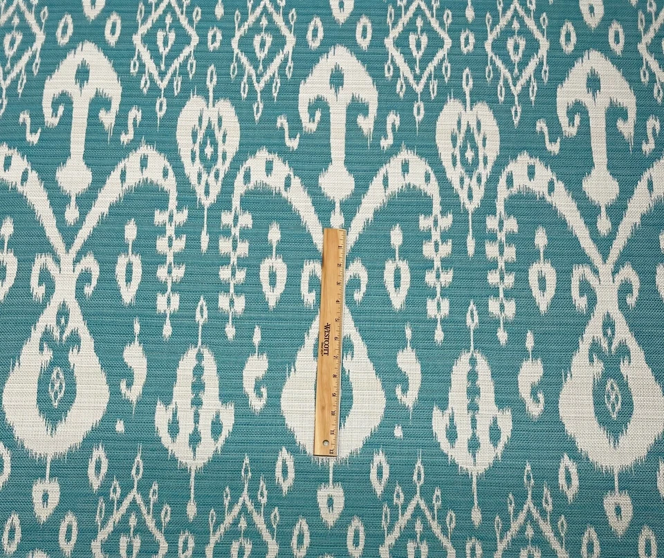 SOMBRILLA SUMATRA IKAT TURQUESA EXTERIOR INTERIOR TELA JACQUARD POR YARDA 54"W Foto 3 de 4