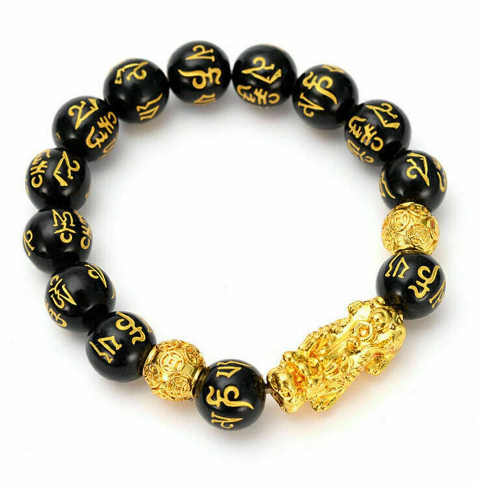 Brazalete Feng Shui Cuentas Obsidiana Negra Atraer Riqueza y Buena Suerte Pixiu Foto 2 de 4