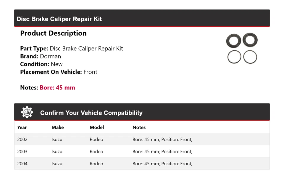 For 2002-2004 Isuzu Rodeo Dorman Disc Brake Caliper Repair Kit Front 2003 - Image 2 of 4