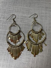 Large Vintage Double Hoop Long Tassel Statement Gold Tone Dangle Earrings 2.75  L