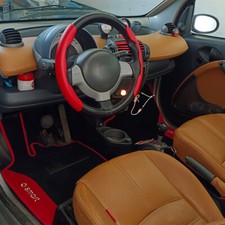 For Smart Fortwo Forfour 15" Black Red Carbon Fiber Leather Steering Wheel Cover