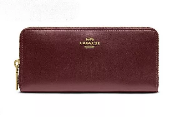 NWT Coach Wine Smooth Leather W Brass Hardware Zip Around Accordion Slim Wallet