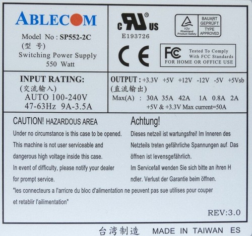 Alimentation Ablecom SP552-2C 550W 2U 24-PIN PWS-0047 - Photo 3/3