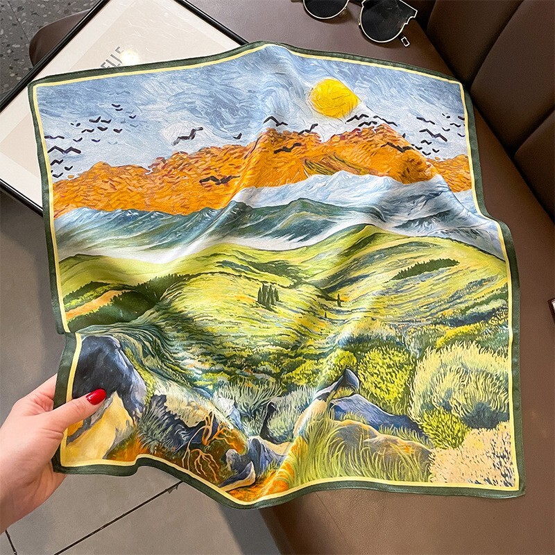 100% Silk 20'' Scarf Small Bandana Women Vintage Oil Painting Headband Kerchief