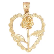 New 14k Yellow Gold Heart with Rose Pendant
