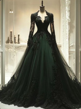 Gothic Black and Green Wedding Dresses Long Sleeves A Line Tulle Bridal Gowns