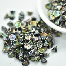 25 Beads - 7x5mm Bell Flower Cup Jet Full Vitrail - Czech Glass