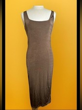 NA-KD Brown Shiny Sheen Square Neck Midi slip tank Dress women’s size Large NEW