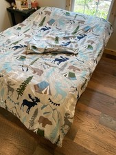 Twin Size COMFORTER  PILLOW SHAM Set BEAR MOOSE TENT TREES Wildlife 65" x 89.5"