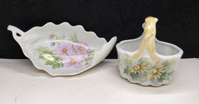 Two Porcelain Trinket Dishes Dish Handpainted Leaf And Basket Signed '86-87