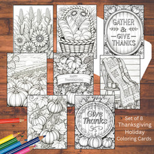 Thanksgiving Adult Coloring Cards: 5x7 DIY Greeting Card Set with Envelopes