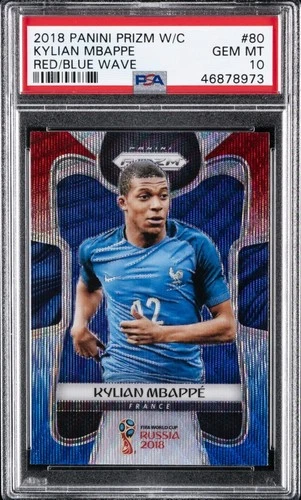 2018 PANINI PRIZM WORLD CUP RED/BLUE WAVE #80 KYLIAN MBAPPE PSA 10 COLOR MATCH