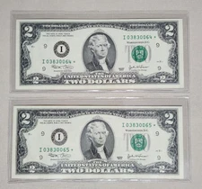 PAIR $2 UNC Consecutive Numbers Federal Reserve STAR Notes 2003 Low Run 640K