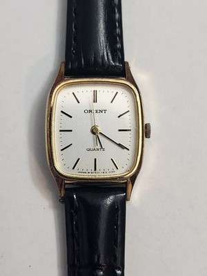 Orient Quartz Rectangular Gold Tone 22mm Watch White Dial Black Leather Strap