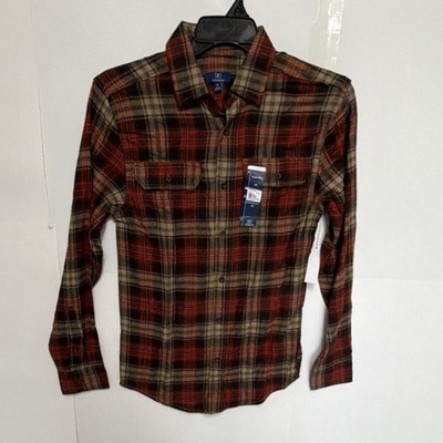 George Men's Plaid Flannel Button-Up Shirt Brown Red Beige Long Sleeve XS
