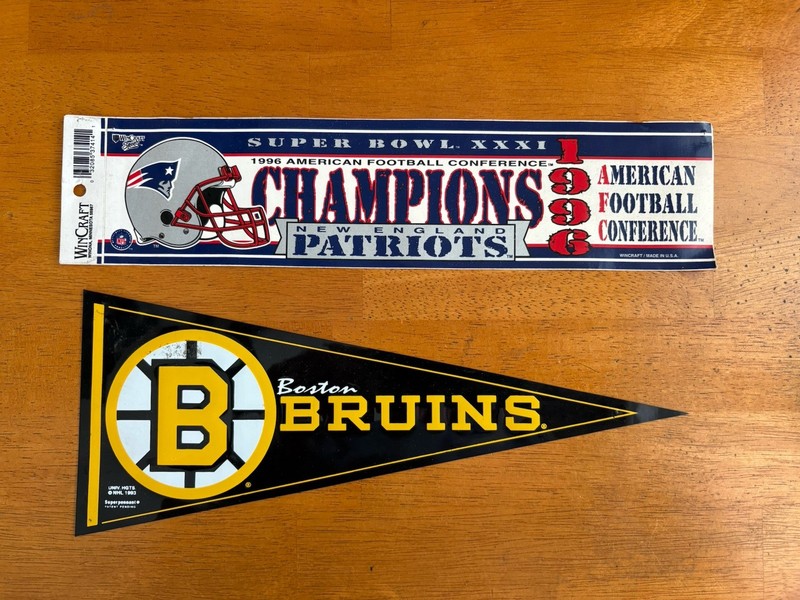 New England Patriots Superbowl XXXI & Boston Bruins Bumper Sticker and Pennant