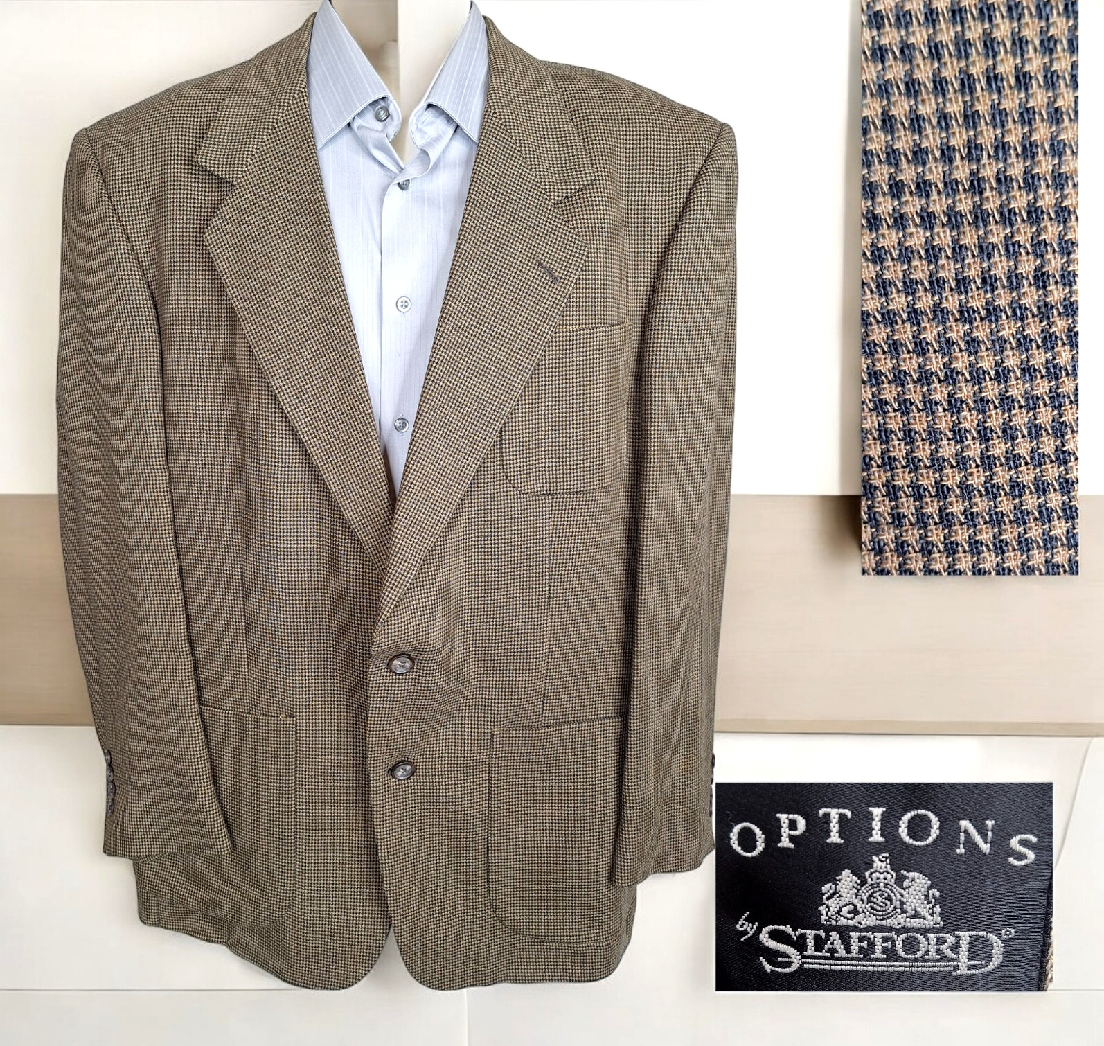 Stafford Sport Coat Blazer Mens 42R Brown Houndstooth Wool Viscose Ventless