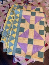 Handmade Vintage Patchwork Queen Quilt Yellow Purple Green Original Cotton