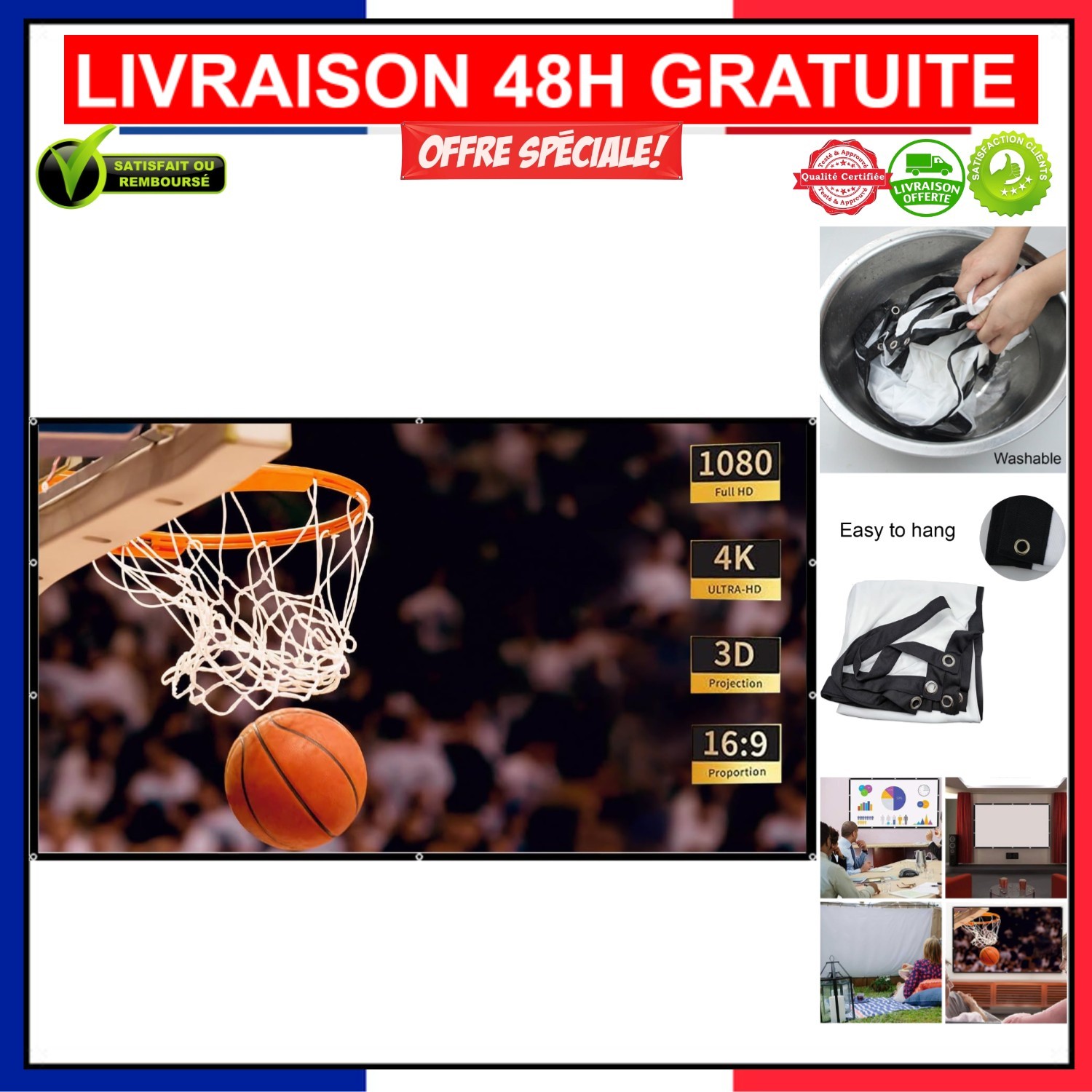 Écran vidéoprojecteur extérieur pliable 60 pouces toile lavable pratique