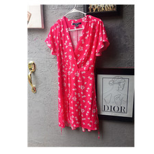 French Connection Pink White Floral Wrap Dress Ruffle Flutter Sleeve XS Short